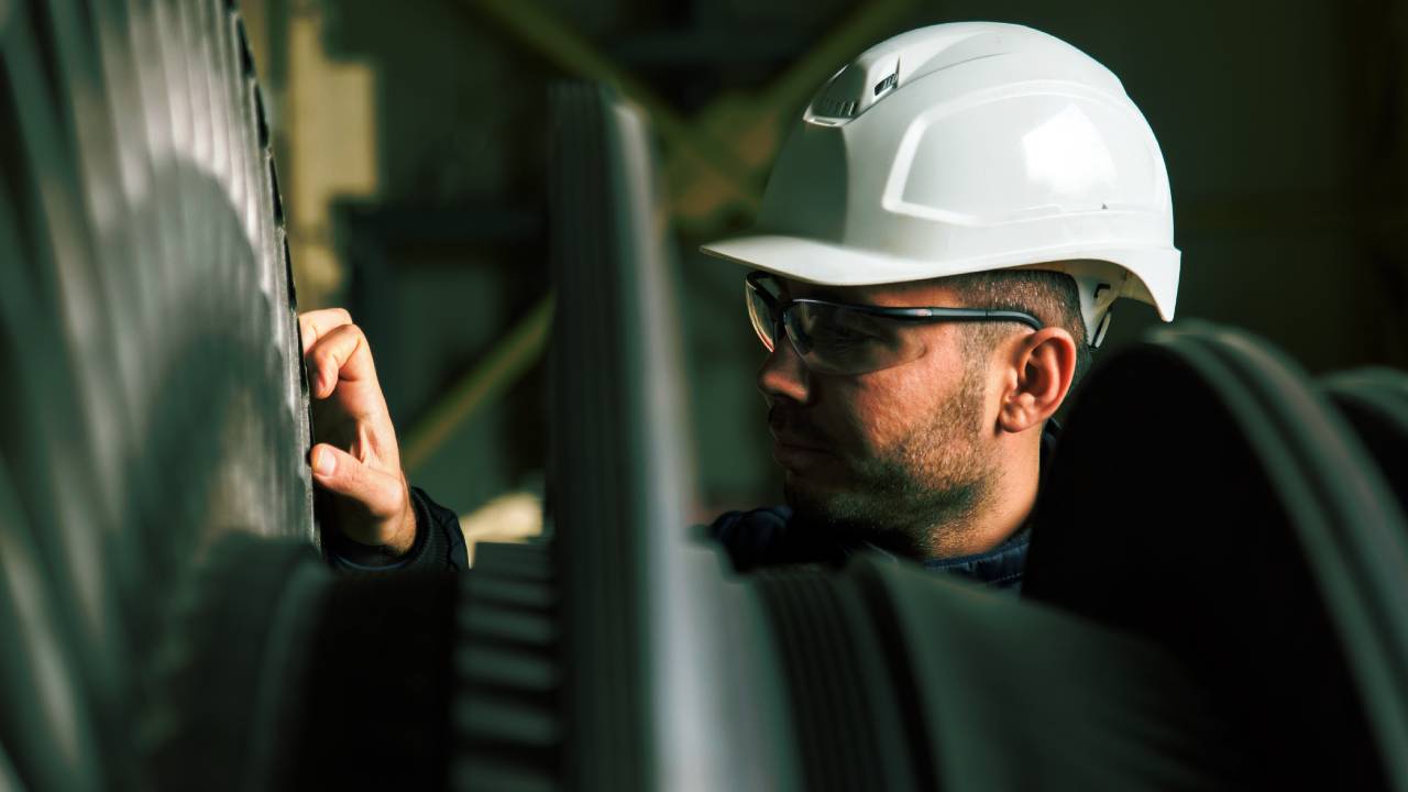 Two men in factory discussing a renewable part
